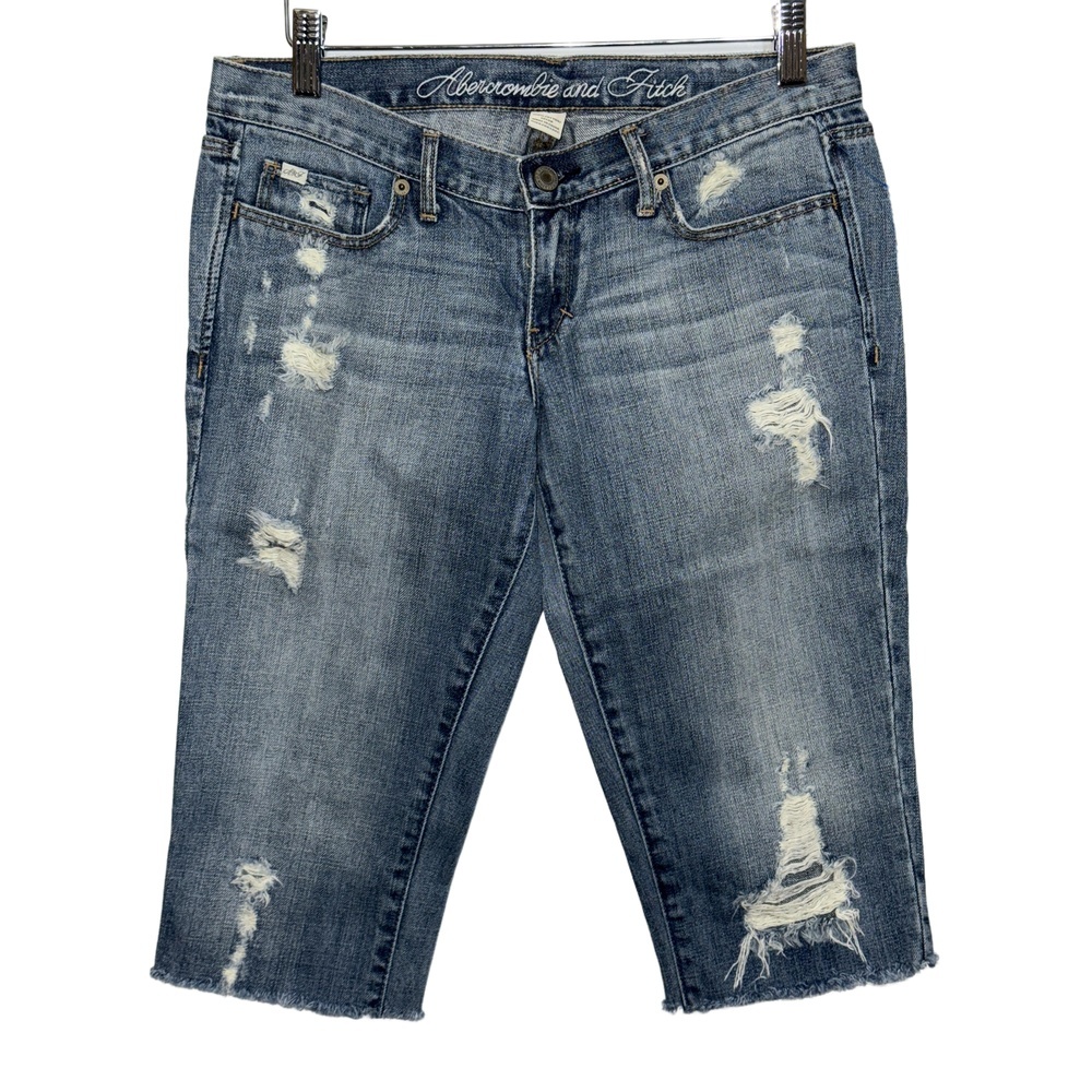 NEW Abercrombie & Fitch Blue Denim Distressed Low Rise Capris Jean Shorts Size 2